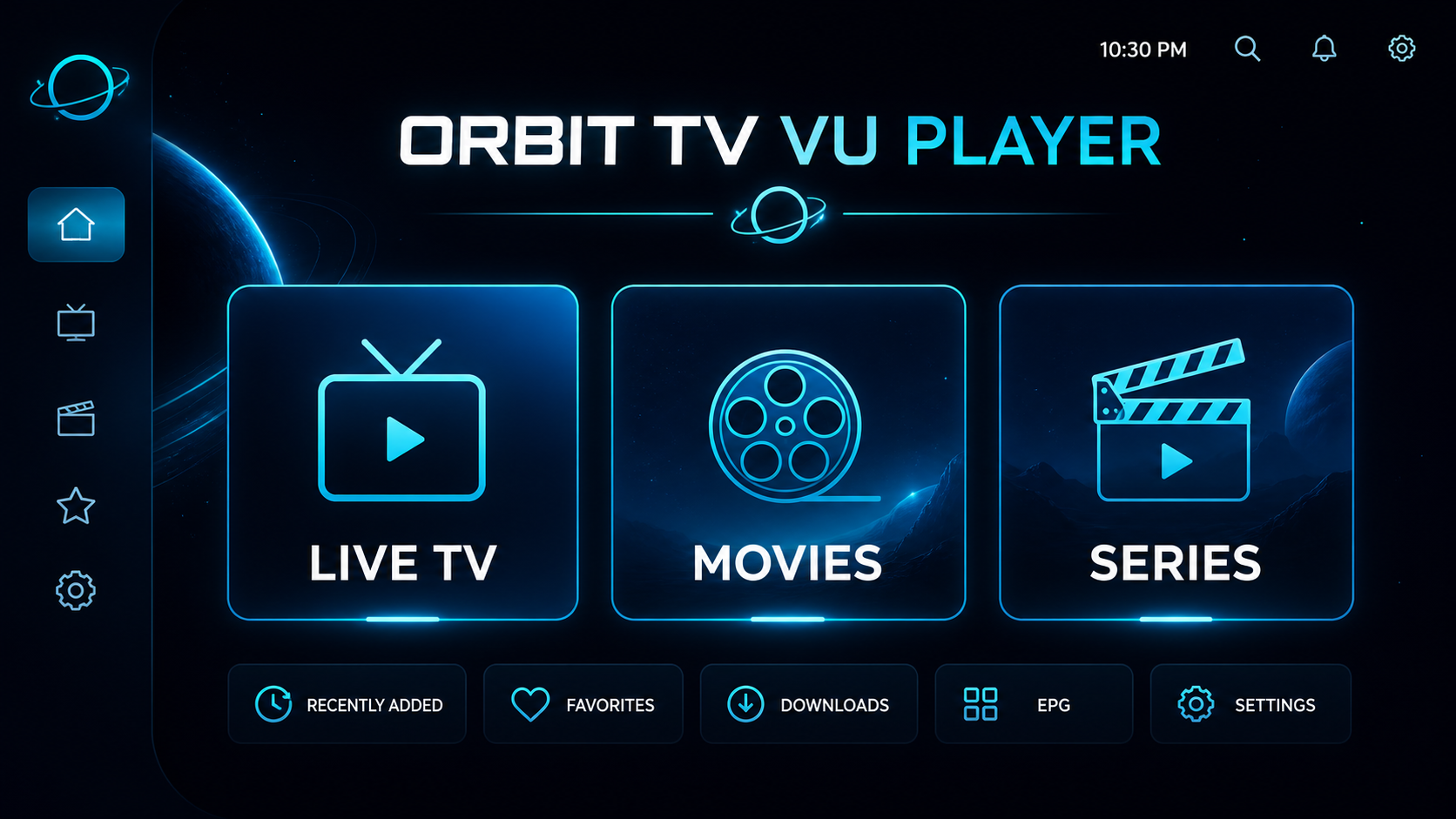 ORBIT TV VU PLAYER home screen