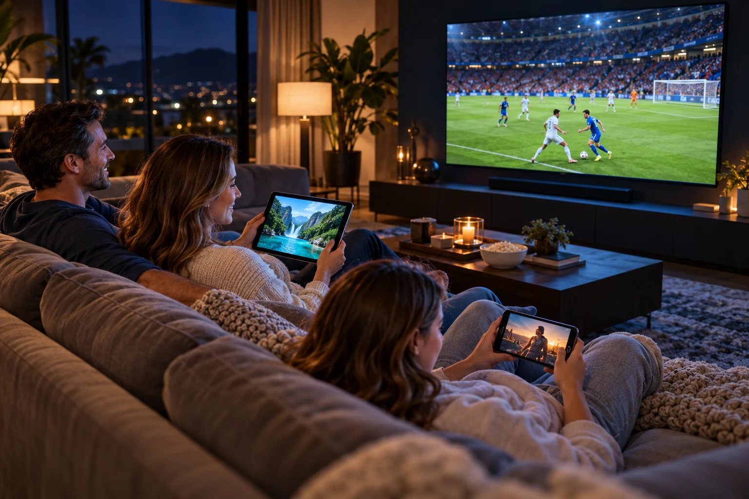 A family enjoying television, a tablet and a phone at the same time in their living room